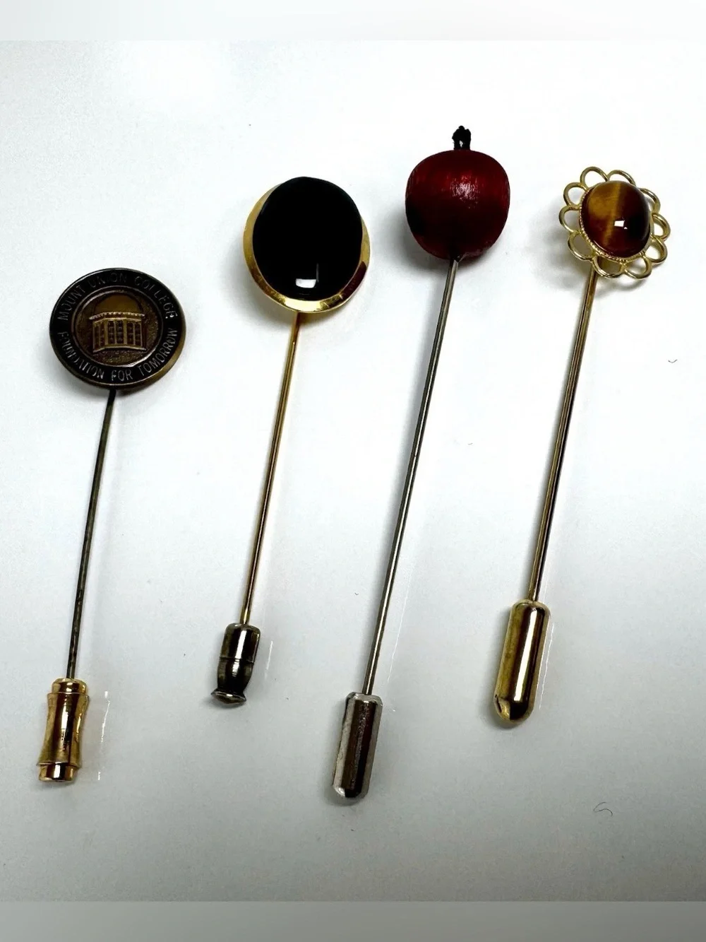 Stick Pins-Apple/Faux Onyx/Tiger Eye/Mt Union College Lot of 4 #1122